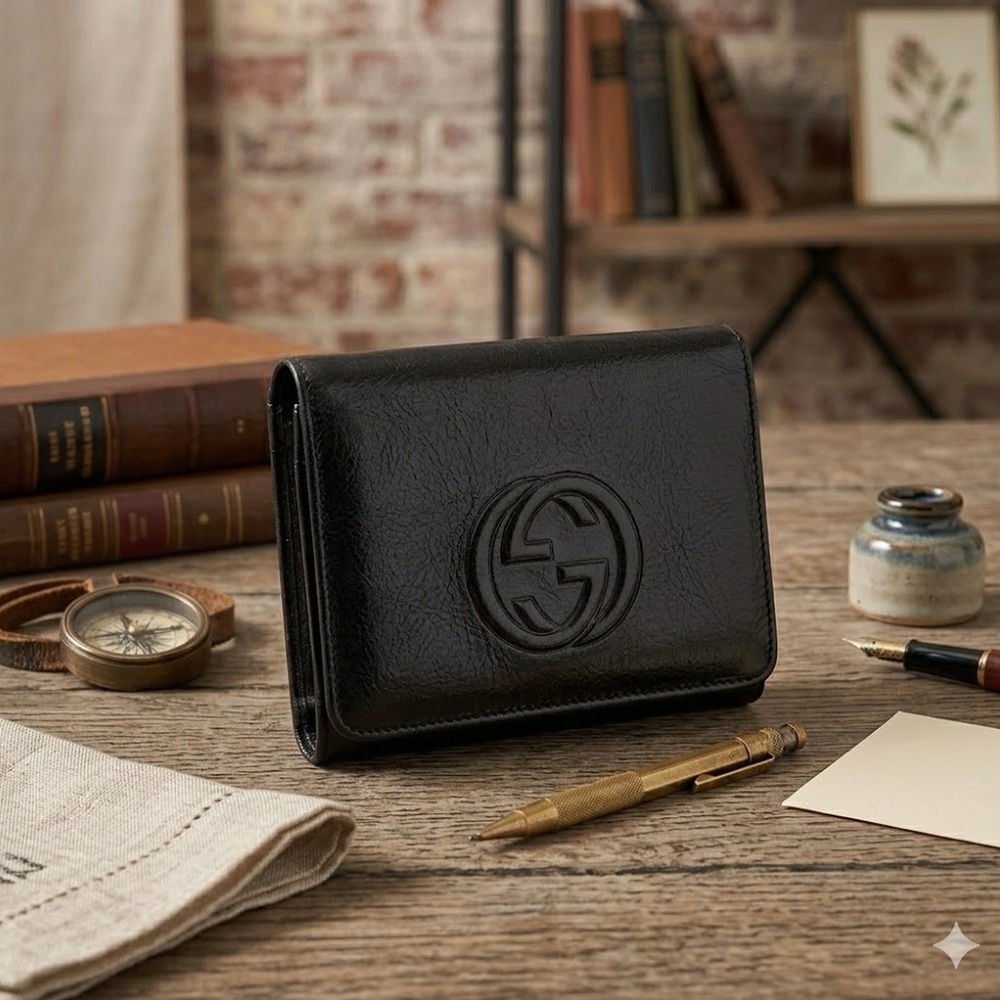Gucci Black Glossy Leather Bifold Wallet Embossed Logo Tom Ford Era Like New